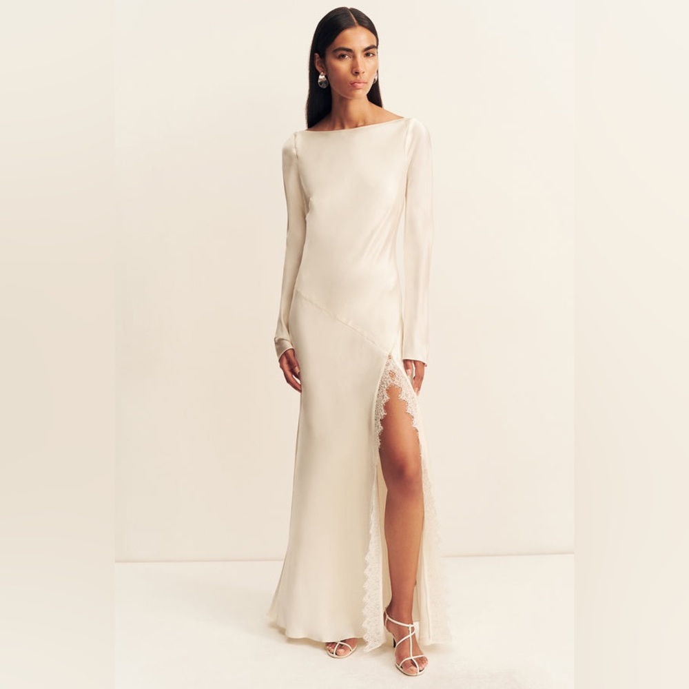 Shona Joy La Lune Cumulus Silk Backless Lace Split Maxi Dress in Ivory Size 6 - Picture 14 of 15